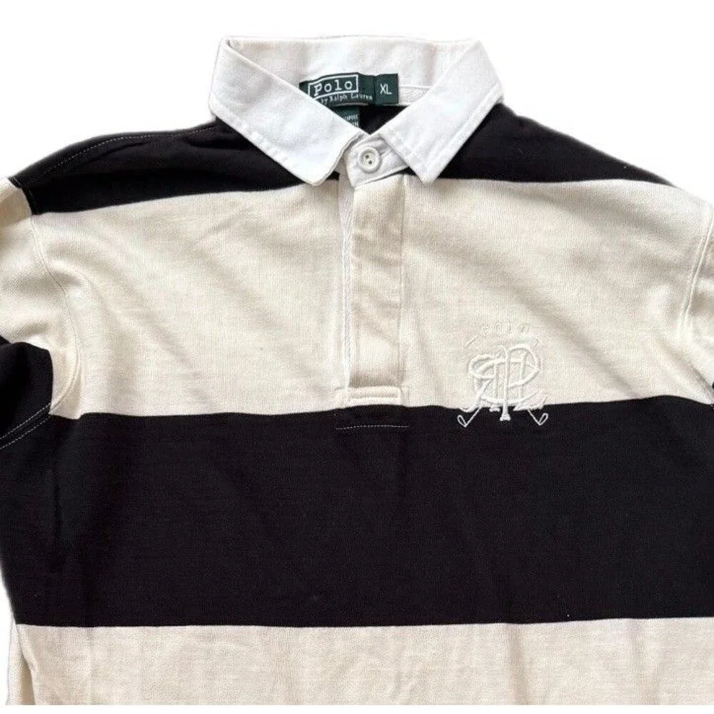 Polo Ralph Lauren Rugby Blue White Striped Shirt Logo Crest Vintage Mens XL
